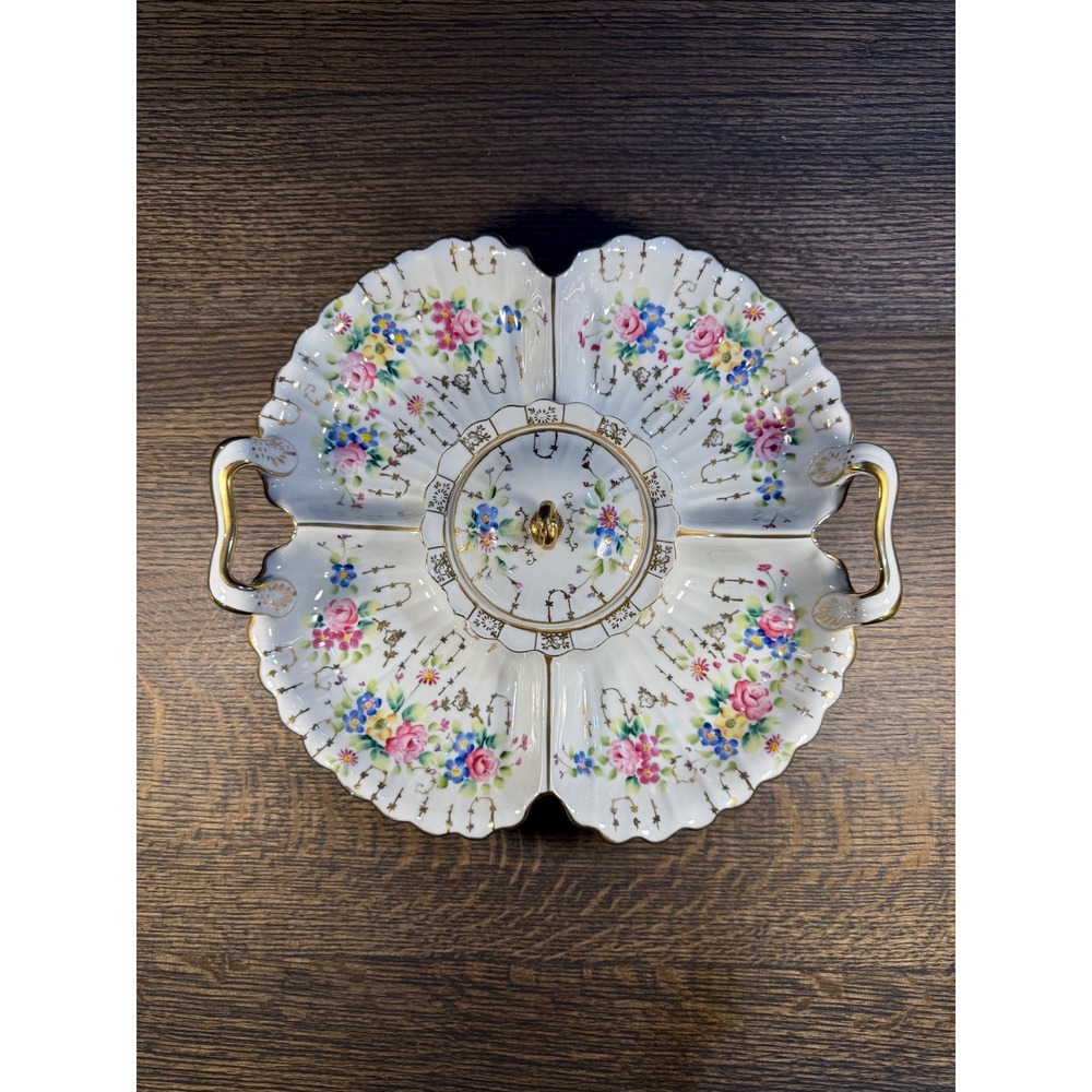 Antique Dresden Porcelain‎ Relish Dish: Hand-Painted Roses, Gilded Handles - Picture 3 of 11